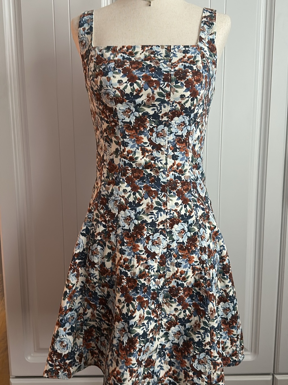 Abercrombie & Fitch Cotton Cream Floral Mini Dress with Brown & Blue Flowers